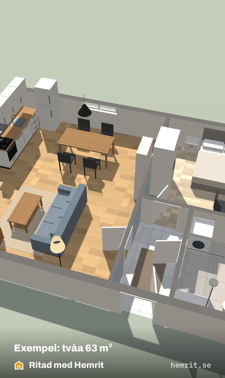 3D-vy av en möblerad tvåa ritad i Hemrit, med kök, matplats, soffa och badrum